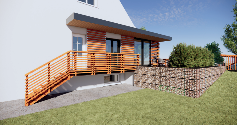 Accès par escalier vers la cuisine et l'extension